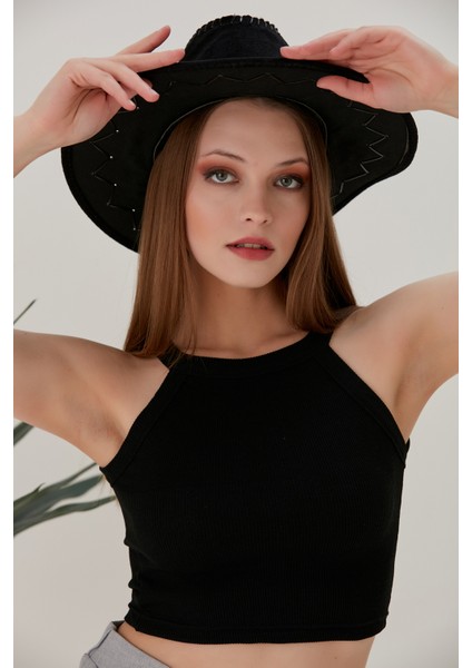 Siyah Fitted/vücuda Oturan Iki Omuzu Açık Miami Fitilli Esnek Örme Bluz