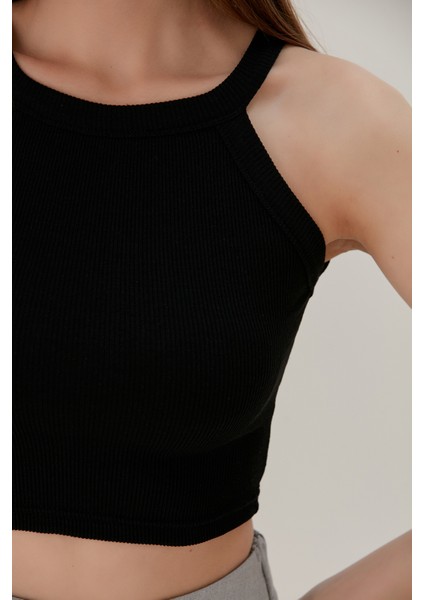 Siyah Fitted/vücuda Oturan Iki Omuzu Açık Miami Fitilli Esnek Örme Bluz