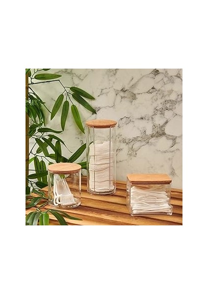 Ahşap Kapaklı 3'lü Organizer Set, Modern Pamukluk Düzenleyici Şık 3'lü Pamukluk Set - Şık V