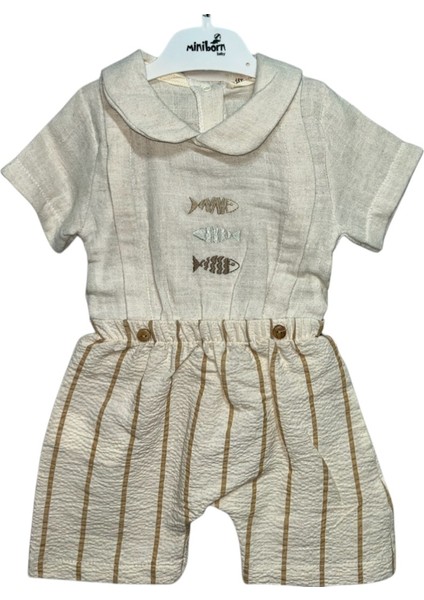 Erkek Bebek Yazlık Tulum (Balık Nakışlı, Çizgili Alt Detaylı, Doğal Kumaş) fiyatları