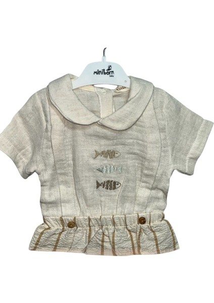 Erkek Bebek Yazlık Tulum (Balık Nakışlı, Çizgili Alt Detaylı, Doğal Kumaş) modelleri