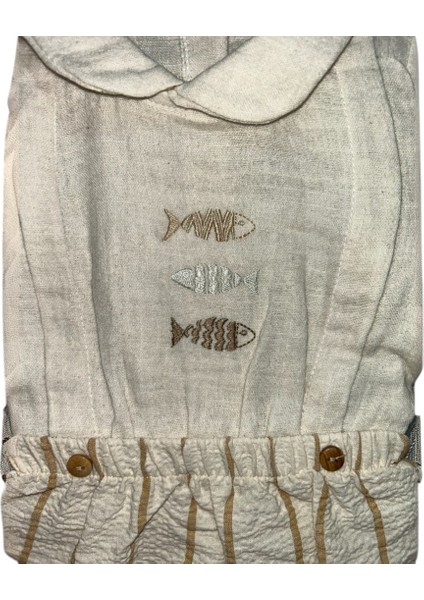 Erkek Bebek Yazlık Tulum (Balık Nakışlı, Çizgili Alt Detaylı, Doğal Kumaş) indirimleri