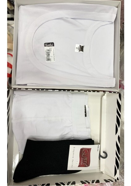 Erkek Beyaz Pamuk Atlet Boxer Çorap 3'lü Kutulu Takım Damat Çeyiz Seti