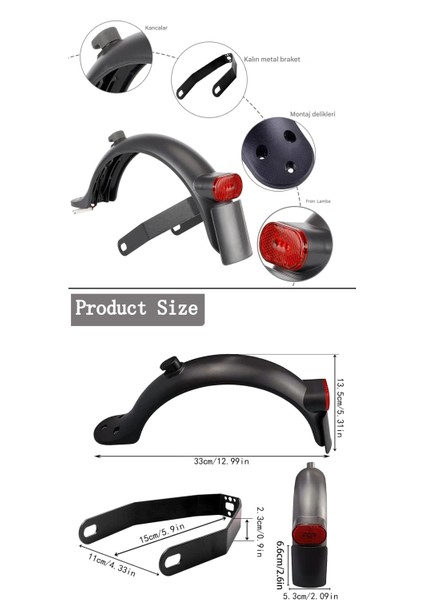Xiaomi 1s/pro2/pro3 Uyumlu Arka Çamurluk Seti +Stop Lambalı+ Metal Sabitleyici +Sticker+ Vida Takımı