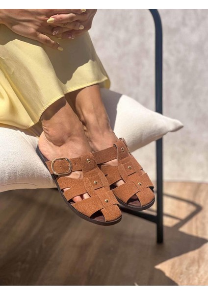 Noa Kemer Detaylı Taba Süet Terlik modelleri