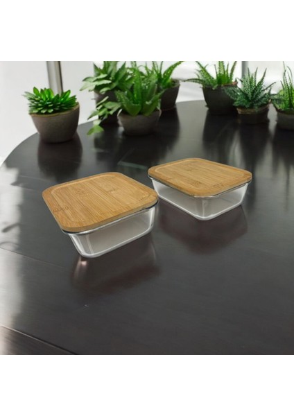 Cam Saklama Kabı 2 Lı Set (650 Ml- 1000 Ml) Isıya Dayanıklı Cam -Bambu Sızdırmaz Kapaklı