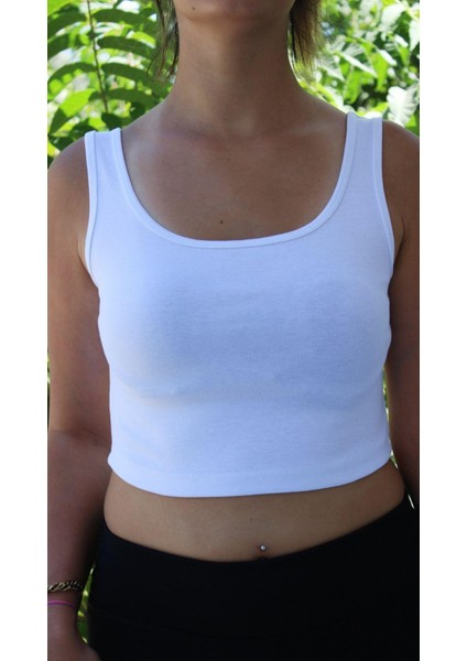 Kadın Beyaz Basic Ribana Atlet Crop – Likralı Spor Üst