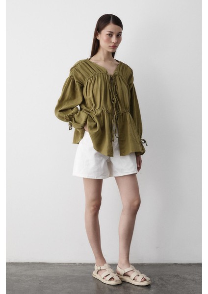 Haki %100 Pamuk Kolu Lastikli Müslin Gömlek fiyatları