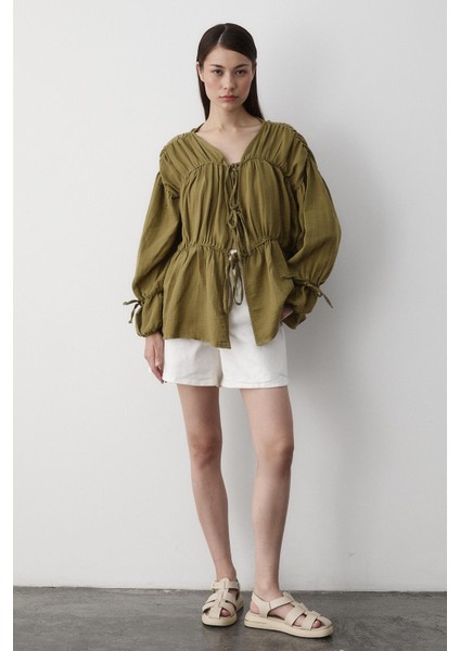 Haki %100 Pamuk Kolu Lastikli Müslin Gömlek modelleri