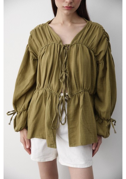 Haki %100 Pamuk Kolu Lastikli Müslin Gömlek fırsatları