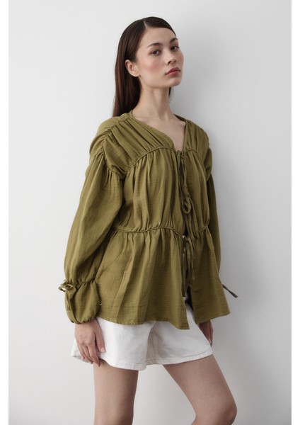 Haki %100 Pamuk Kolu Lastikli Müslin Gömlek indirimleri