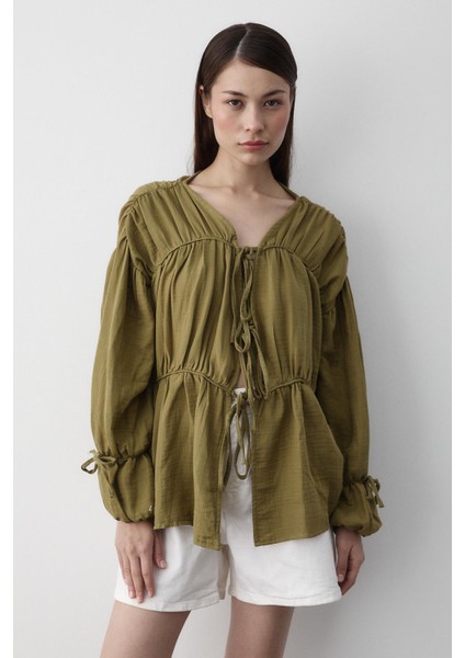 Haki %100 Pamuk Kolu Lastikli Müslin Gömlek