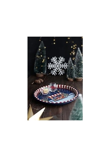 Evle-Yılbaşı Temalı Metal Tepsi, 31.5 cm (Tart)