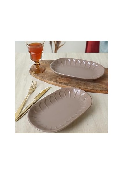 Keramika Mat Toprak Taupe Badem Kayık Tabak 25 cm 2 Adet 977