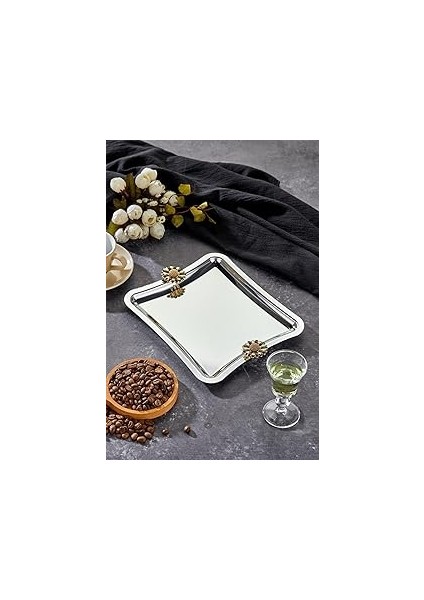 Mayaglory Elegante Square Serisi, Duo Fiore Nero Kulp Desenli Krom Sunum Söz Nişan Tepsisi, 22CM, T