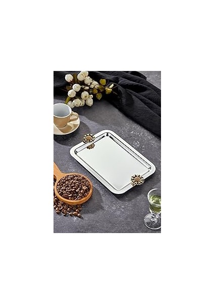 Mayaglory Elegante Noir Serisi, Duo Fiore Nero Kulp Desenli Krom Sunum Söz Nişan Tepsisi, 22X16CM,