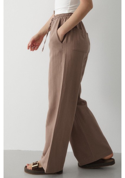 Vizon Beli Lastikli Pamuklu Keten Pantolon modelleri