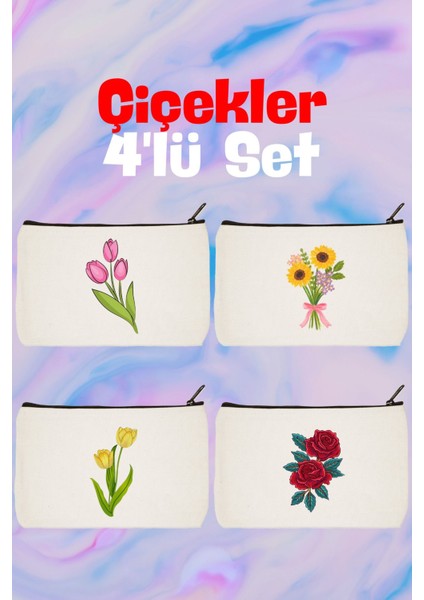 Renkli Çiçekler Seti: 3 Baskılı Makyaj Çantası, Kalemlik ve Cüzdan