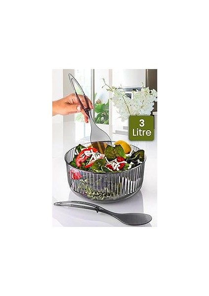 Akrilik Yuvarlak Kaşıklı Salata Kasesi 23 cm Servis Sunum Tabağı Antrasit