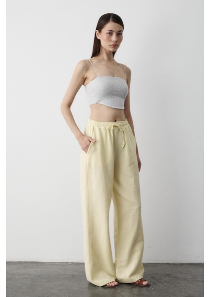 Sarı Beli Lastikli Pamuklu Keten Pantolon
