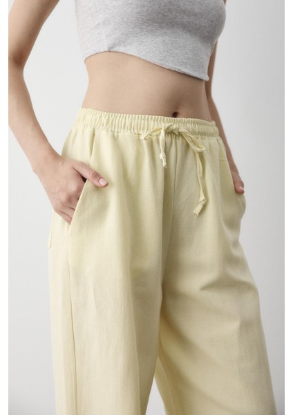 Sarı Beli Lastikli Pamuklu Keten Pantolon