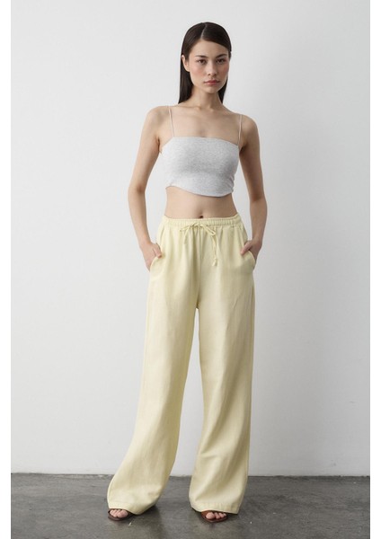 Sarı Beli Lastikli Pamuklu Keten Pantolon