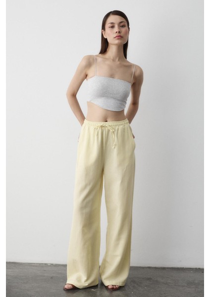 Sarı Beli Lastikli Pamuklu Keten Pantolon
