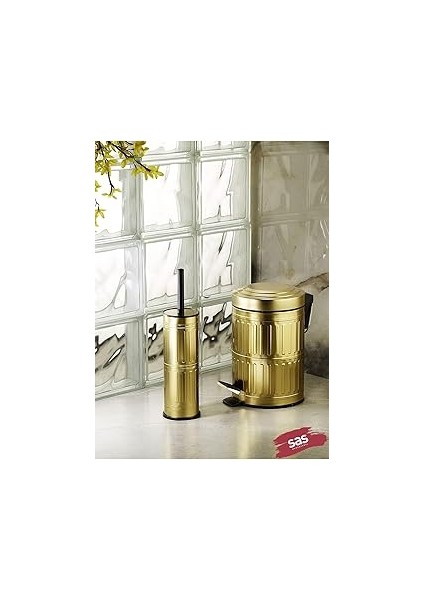 Sas Haus Pedallı Çöp Kovası Tuvalet Wc Fırçası Banyo Çöp Kovası 2li Banyo Seti 5 Litre Gold Vintage