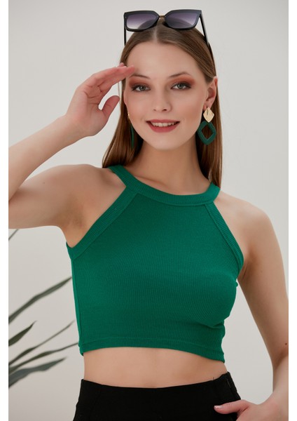 Yeşil Fitted/vücuda Oturan Iki Omuzu Açık Miami Fitilli Esnek Örme Bluz