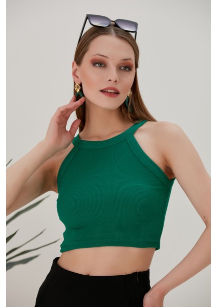 Yeşil Fitted/vücuda Oturan Iki Omuzu Açık Miami Fitilli Esnek Örme Bluz