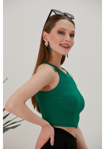 Yeşil Fitted/vücuda Oturan Iki Omuzu Açık Miami Fitilli Esnek Örme Bluz