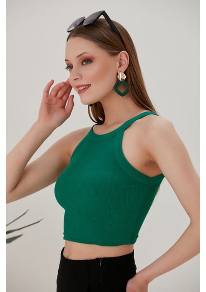 Yeşil Fitted/vücuda Oturan Iki Omuzu Açık Miami Fitilli Esnek Örme Bluz