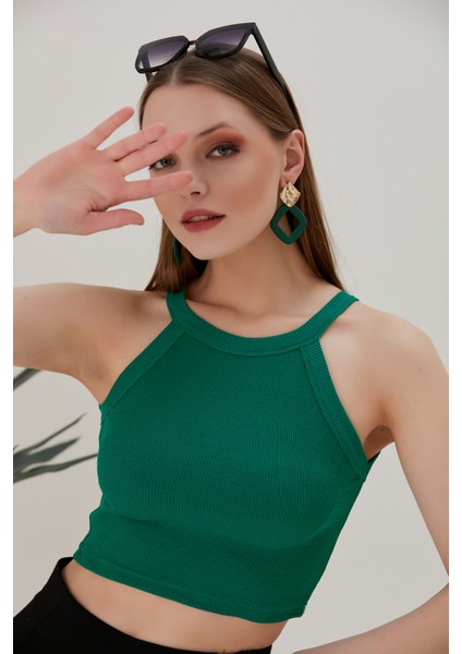 Yeşil Fitted/vücuda Oturan Iki Omuzu Açık Miami Fitilli Esnek Örme Bluz