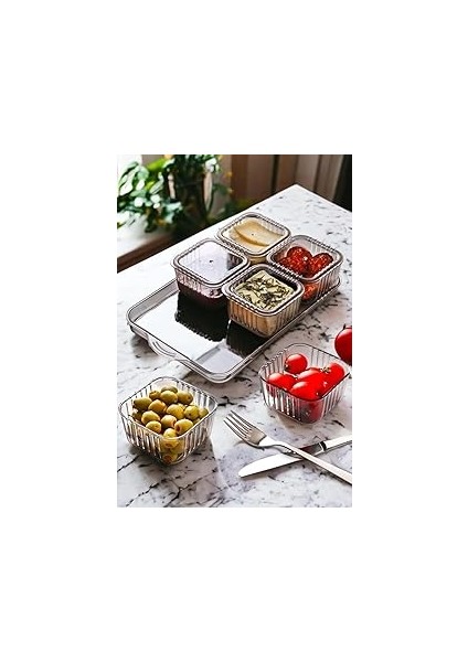 Arsimo Tepsili 6'lı Kapaklı Kahvaltı Seti | Lüx Akrilik Kahvaltılık Sunum Seti Antrasit Şeffaf