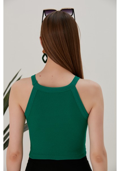 Yeşil Fitted/vücuda Oturan Iki Omuzu Açık Miami Fitilli Esnek Örme Bluz