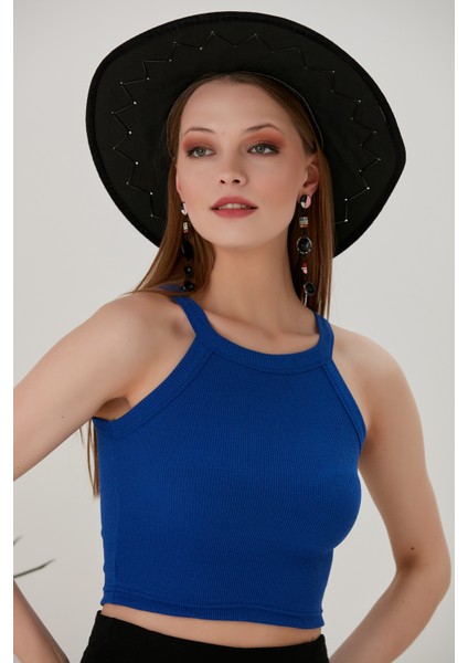 Saks Mavi Fitted/vücuda Oturan Iki Omuzu Açık Miami Fitilli Esnek Örme Bluz