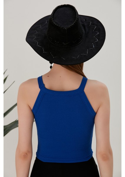 Saks Mavi Fitted/vücuda Oturan Iki Omuzu Açık Miami Fitilli Esnek Örme Bluz