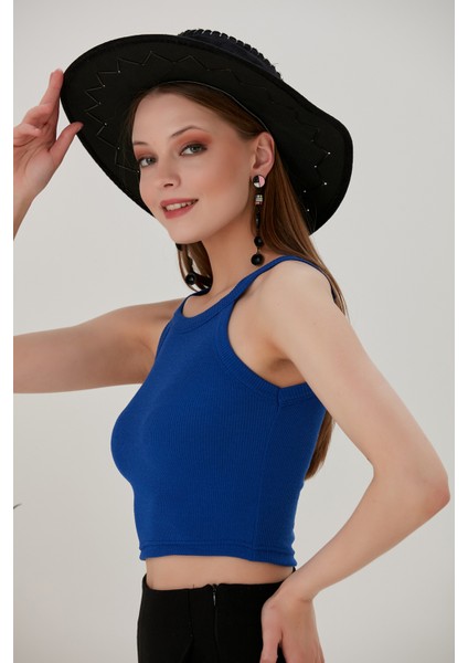 Saks Mavi Fitted/vücuda Oturan Iki Omuzu Açık Miami Fitilli Esnek Örme Bluz modelleri