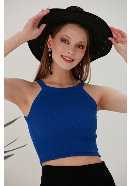 Saks Mavi Fitted/vücuda Oturan Iki Omuzu Açık Miami Fitilli Esnek Örme Bluz fırsatları