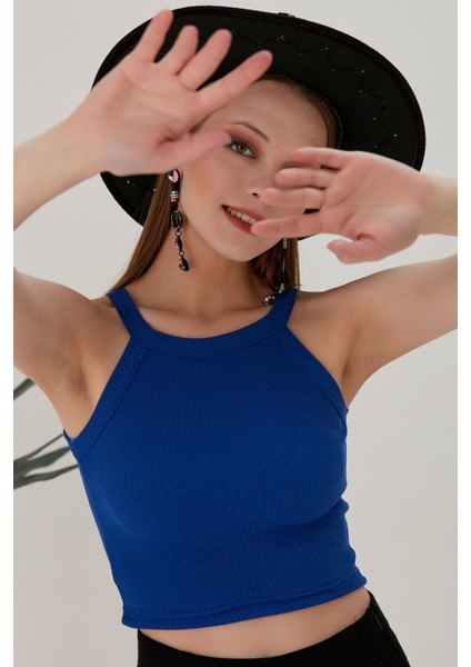 Saks Mavi Fitted/vücuda Oturan Iki Omuzu Açık Miami Fitilli Esnek Örme Bluz indirimleri