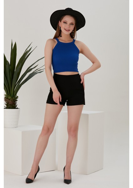 Saks Mavi Fitted/vücuda Oturan Iki Omuzu Açık Miami Fitilli Esnek Örme Bluz