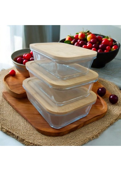 Cam Saklama Kabı 3 Lü Set (650 Ml- 1000 ML-1500ML) Isıya Dayanıklı Cam -Bambu Sızdırmaz Kapaklı