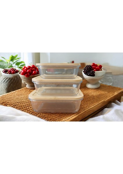 Cam Saklama Kabı 3 Lü Set (650 Ml- 1000 ML-1500ML) Isıya Dayanıklı Cam -Bambu Sızdırmaz Kapaklı