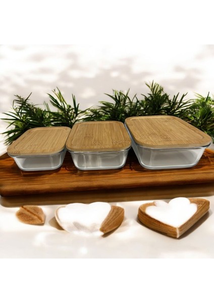 Cam Saklama Kabı 3 Lü Set (650 Ml- 1000 ML-1500ML) Isıya Dayanıklı Cam -Bambu Sızdırmaz Kapaklı