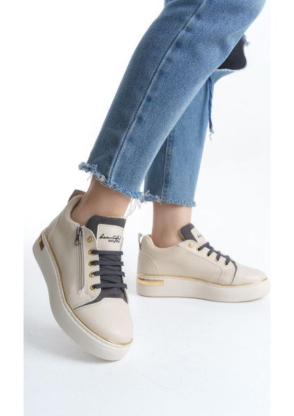 Dına Bağcıklı Fermuarlı Ortopedik Taban Kadın Sneaker Spor Ayakkabı Ckt - Krem/gri/altın fiyatları