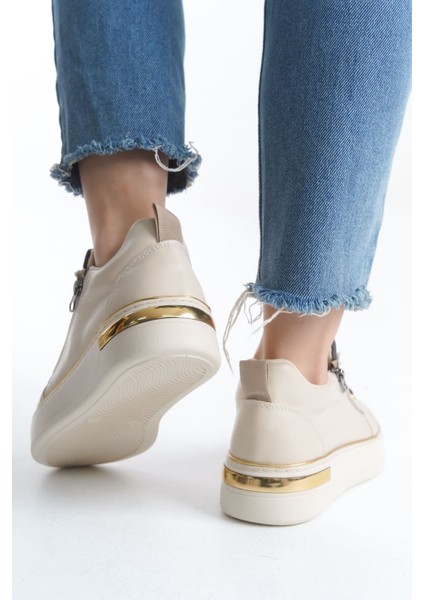Dına Bağcıklı Fermuarlı Ortopedik Taban Kadın Sneaker Spor Ayakkabı Ckt - Krem/gri/altın modelleri