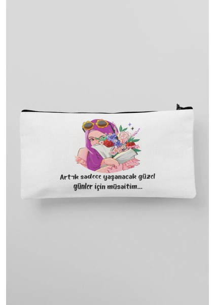 Beyaz Baskılı Çok Amaçlı Bez Çanta, Kalemlik ve Cüzdan Öğeleriyle Şık ve Kullanışlı