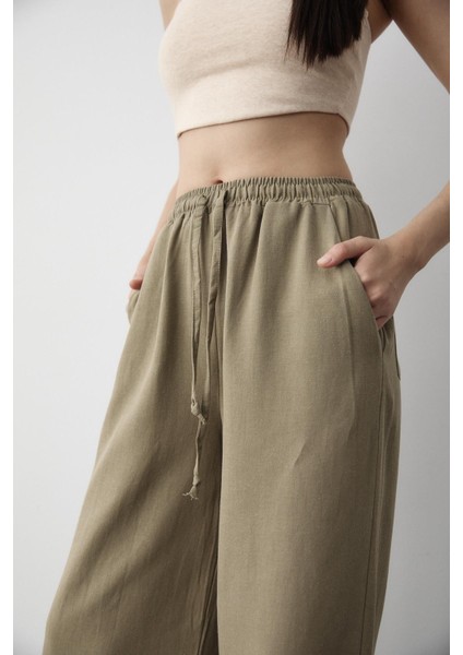 Çağla Beli Lastikli Pamuklu Keten Pantolon modelleri