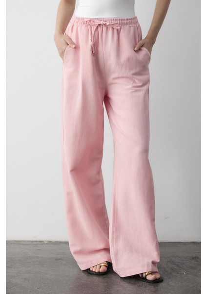 Pembe Beli Lastikli Pamuklu Keten Pantolon