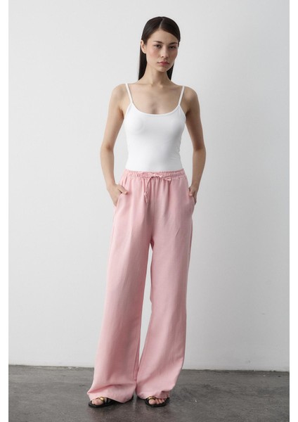 Pembe Beli Lastikli Pamuklu Keten Pantolon modelleri